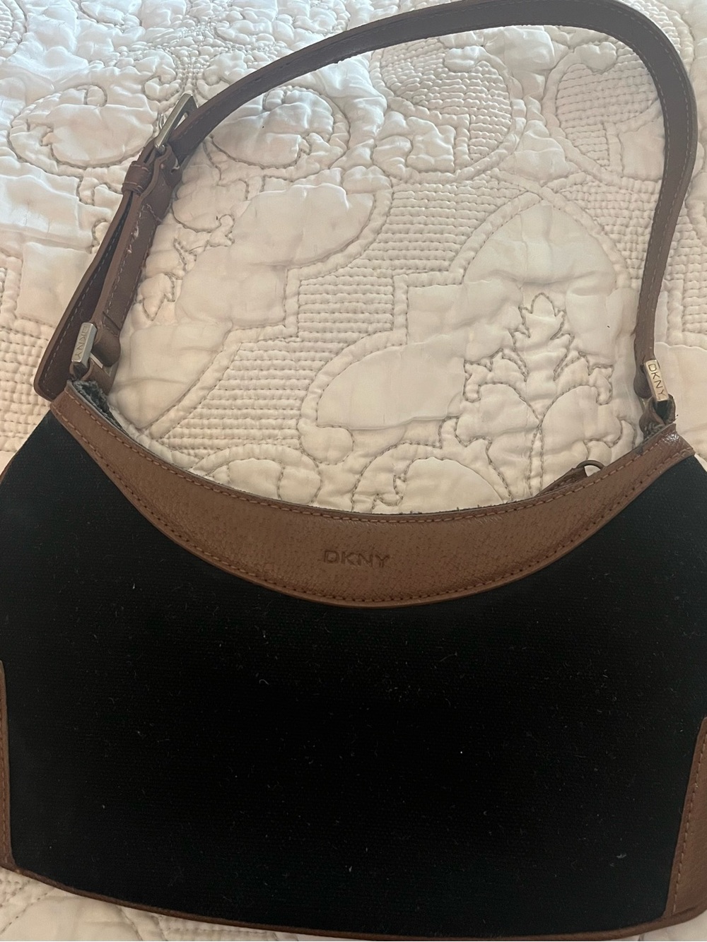 👜 Vintage Y2K DKNY Black Canvas & Brown Leather Baguette Shoulder Bag